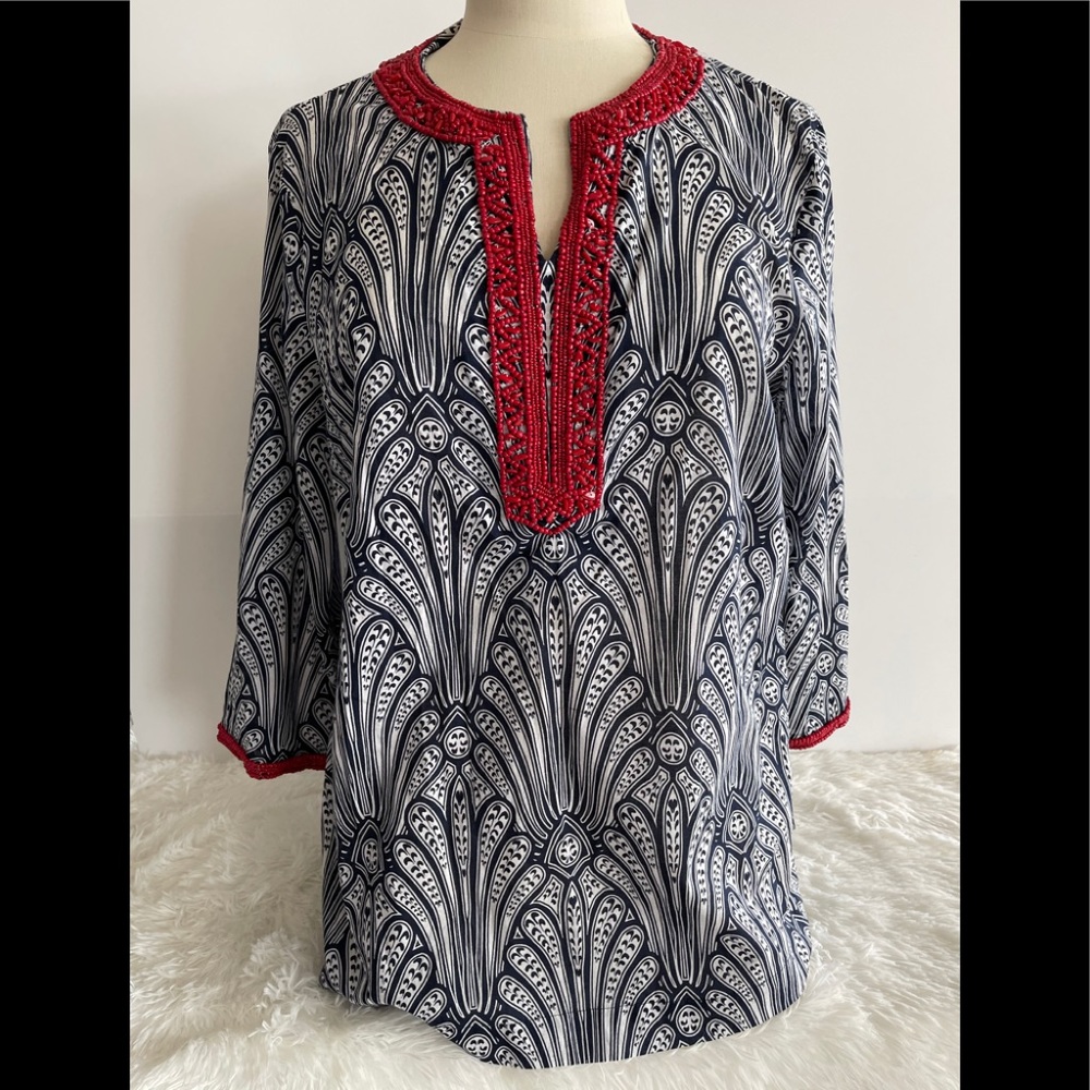 TALBOTS Embroidered V Neck 3/4Sleeve Boho Blouse M